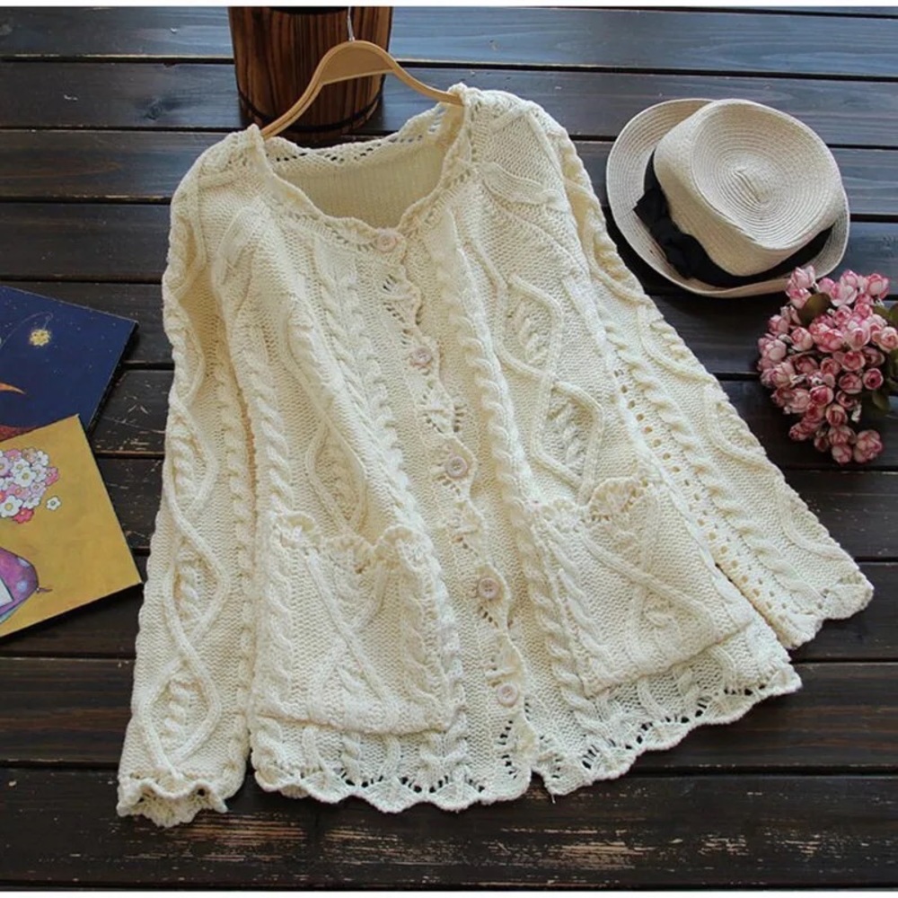 Cable knit pocket cardigan sweater cream womens long sleeve top - Picture 1 of 3